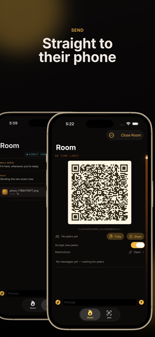 Two phones side by side: the host shows a room code, the guest has received a photo