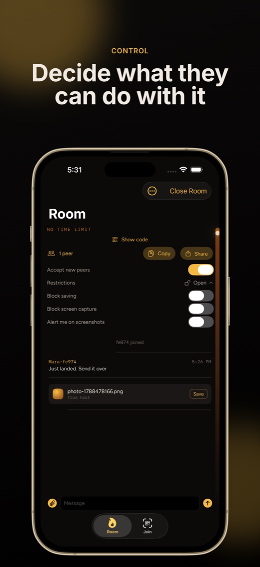 Room controls: accept new peers, block saving, block screen capture
